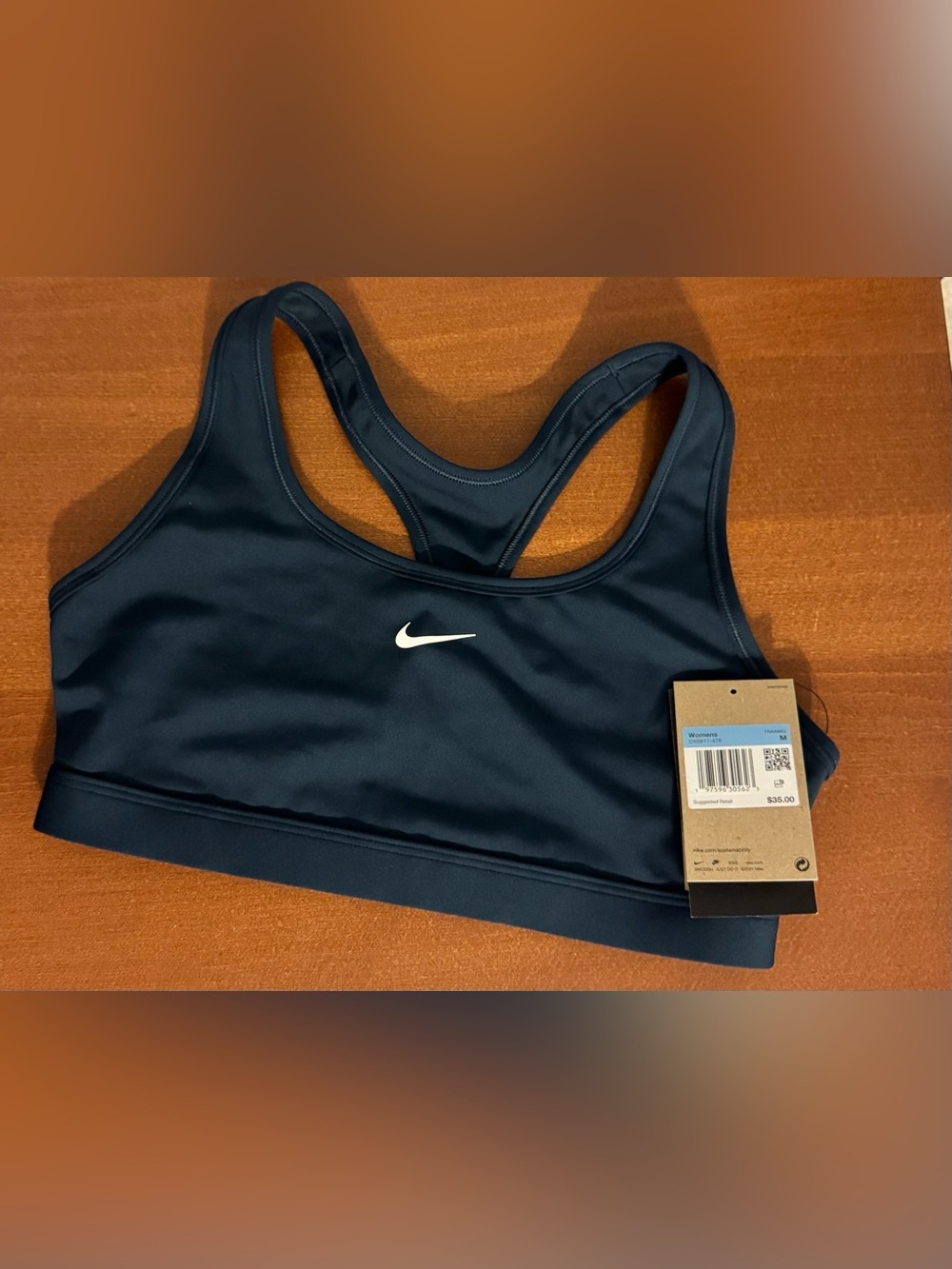 Nike Women's Navy Blue Racerback Sports Bra with White Swoosh